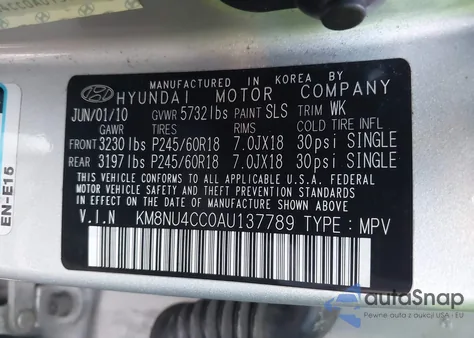 2010 Hyundai Veracruz Limited z USA, uszkodzony, nr VIN KM8NU4CC0AU137789